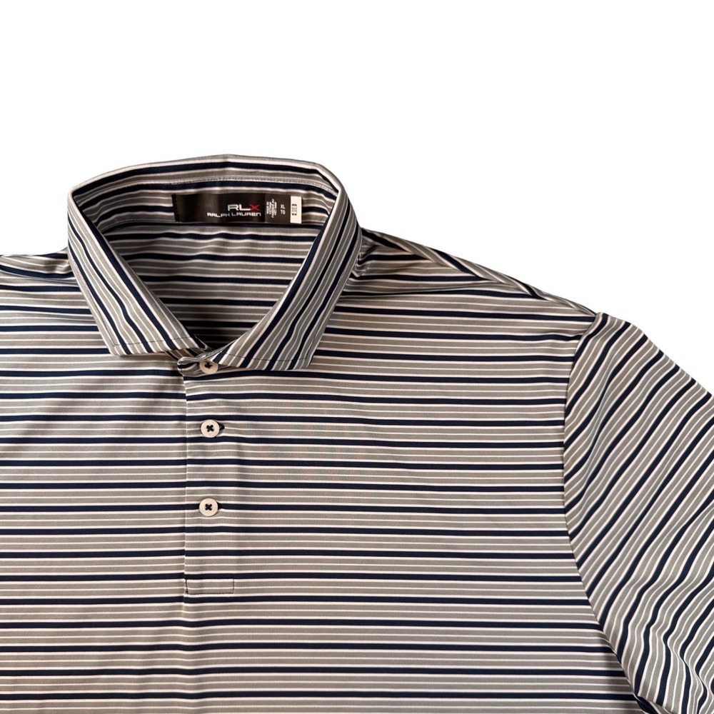 RLX Ralph Lauren Mens XL Striped Golf Polo‎ Shirt Navy Blue Grey Short Sleeve